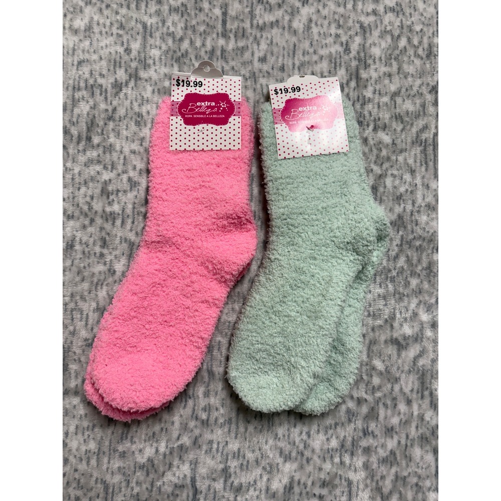 Extra Belleza Fuzzy Socks 2 Pair Set Pink Mint‎ Green WAEZ 10100 One Size NEW